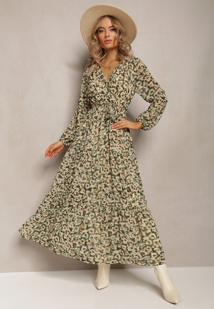 Zielona Sukienka z Kopertowym Dekoltem w Cętki Irdra