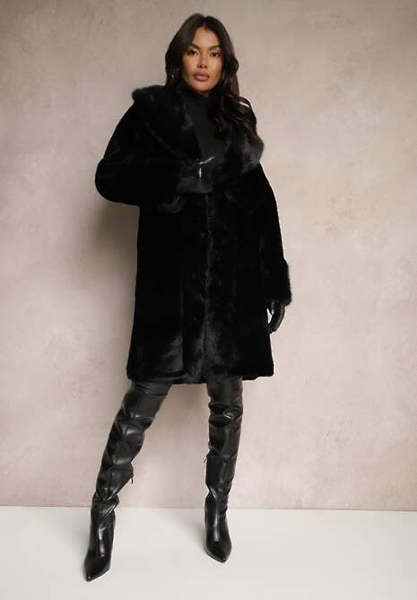 Czarna Kurtka Futro o Długim Kroju z Wiskozą Ninnarlia