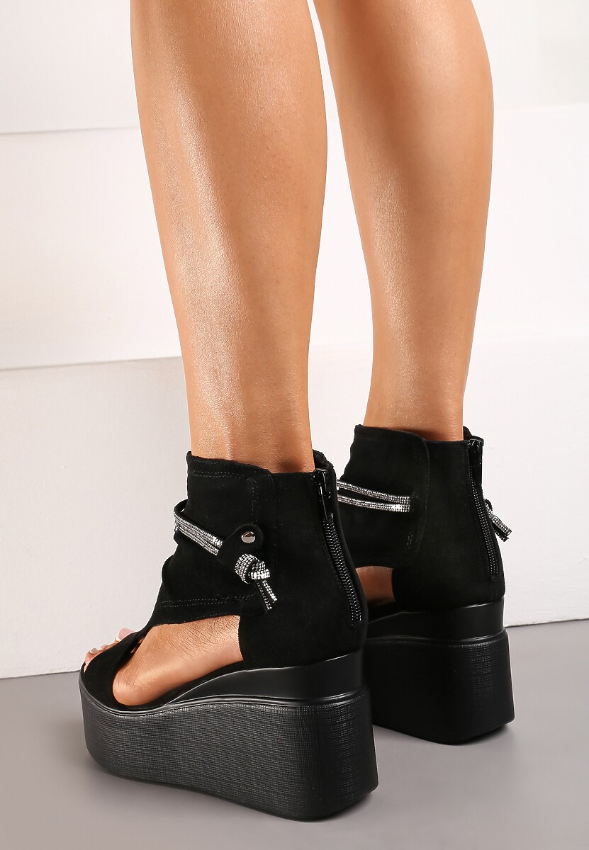 Czarne Sandały za Kostkę na Platformie z Koturnem Ozdobione Cyrkoniami Gavrela