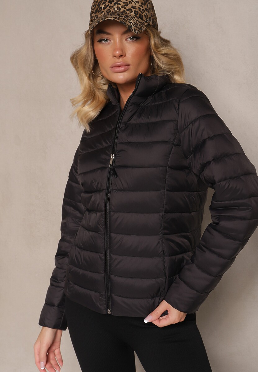 Czarna Casualowa Kurtka Ozdobiona Pikowaniem Nelionea