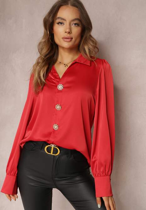 Czerwona Koszula Satynowa na Guziki Liyu