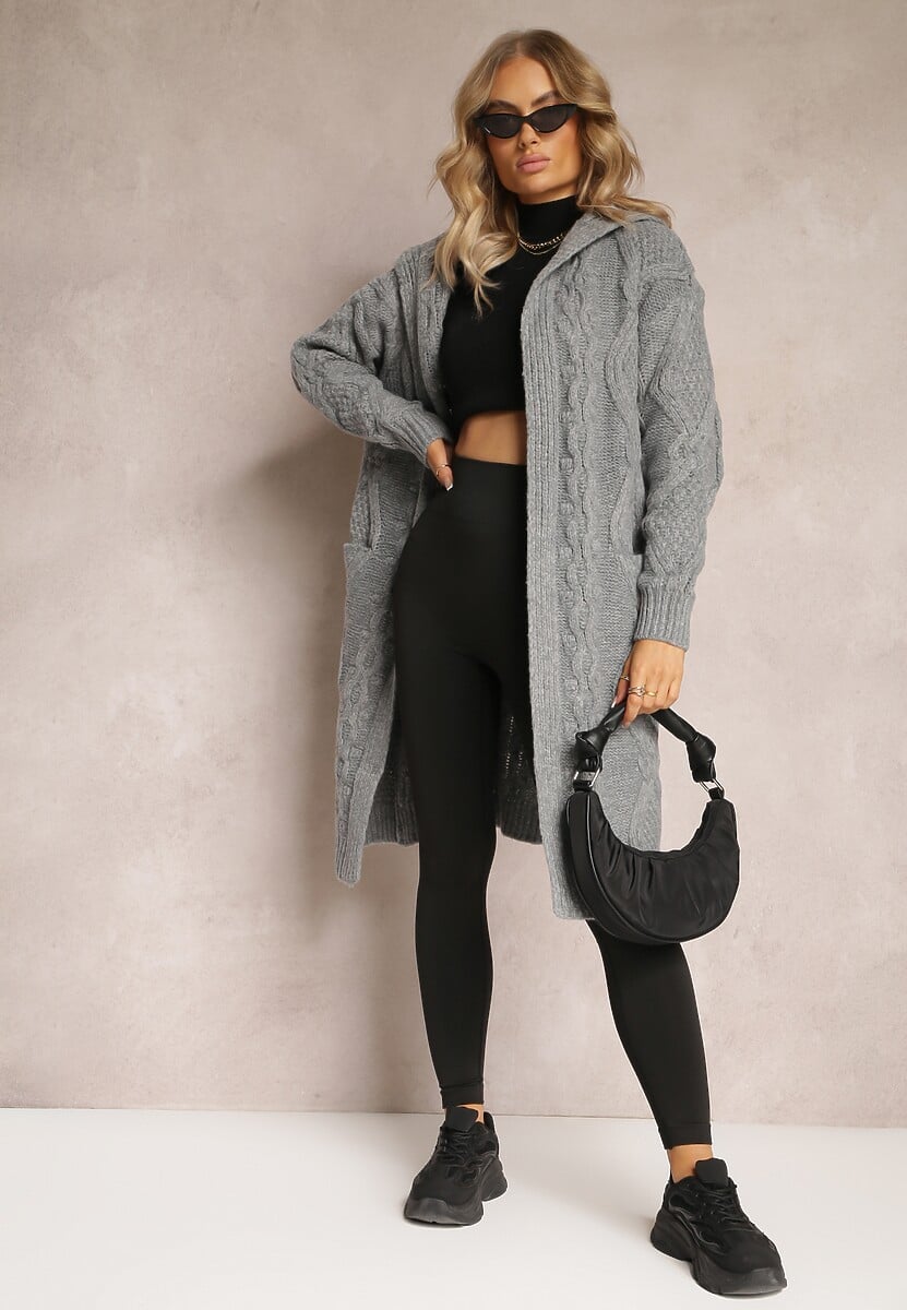 Jasnobeżowy Kardigan o Długim Fasonie z Kapturem i Kieszeniami Oricyna