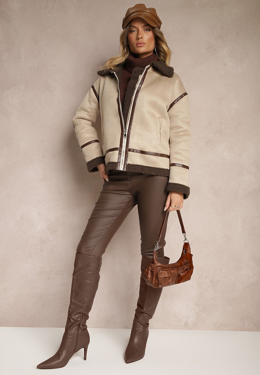 Beżowa Kurtka z Ekozamszu o Prostym Kroju z Kołnierzykiem i Futerkiem Ninnova