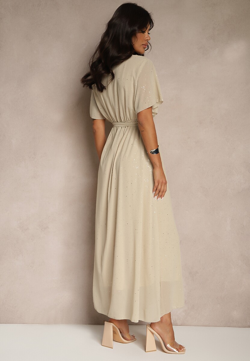 Beżowa Koktajlowa Brokatowa Sukienka z Paskiem Addlea