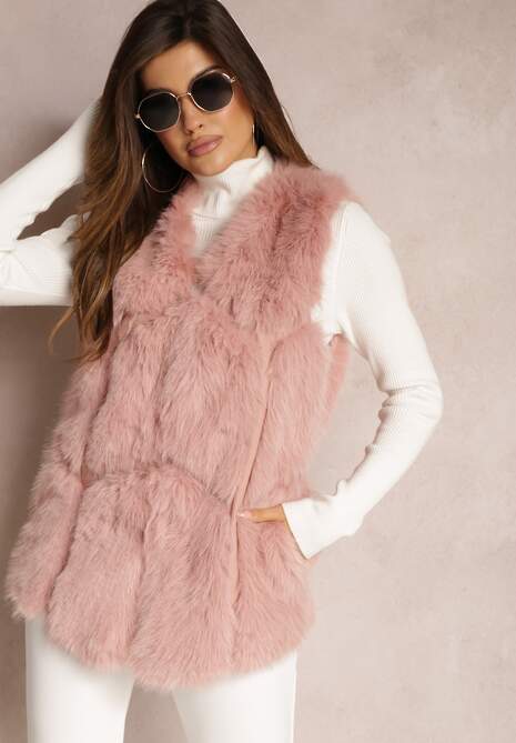 Różowa Futrzana Kamizelka z Wstawkami z Ekoskóry Lewja