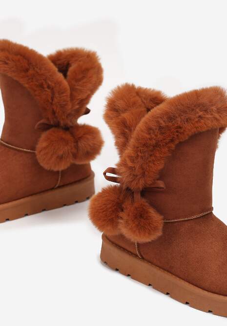 Brązowe Śniegowce z Futerkiem i Pomponami Teido