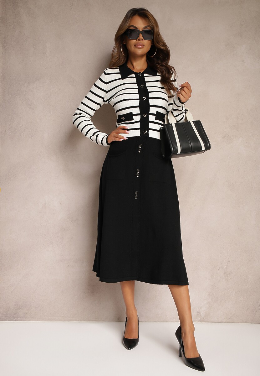 Czarna Spódnica o Trapezowym Kształcie Wykończona Kieszeniami i Guzikami Velanira
