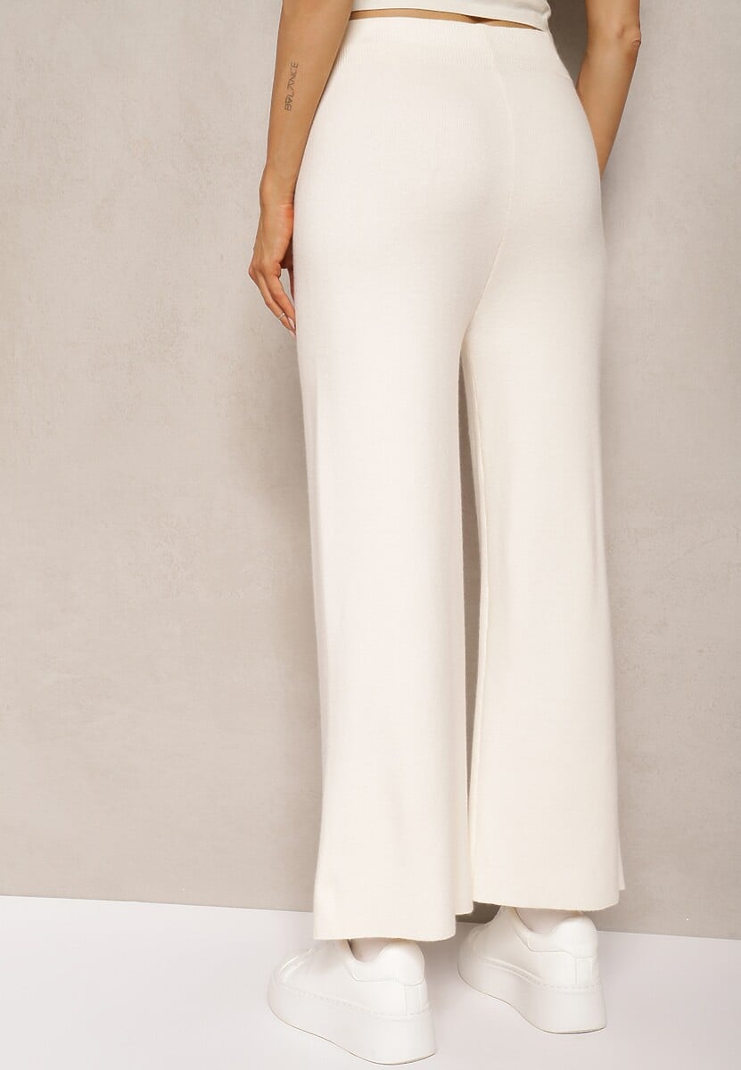 Jasnobeżowe Spodnie o Szerokim Kroju High Waist z Cyrkoniami i Gumką w Pasie Loreitha