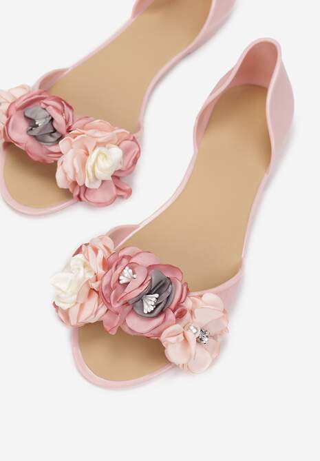 Różowe Balerinki Meliski Peep Toe z Kwiatową Aplikacją Idalina