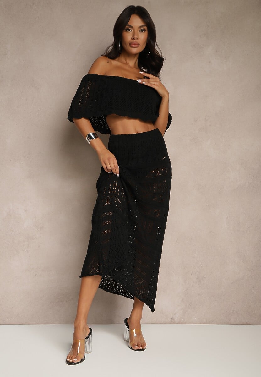 Czarny Ażurowy Komplet z Bawełną Spódnica i Top z Hiszpańskim Dekoltem Folanea