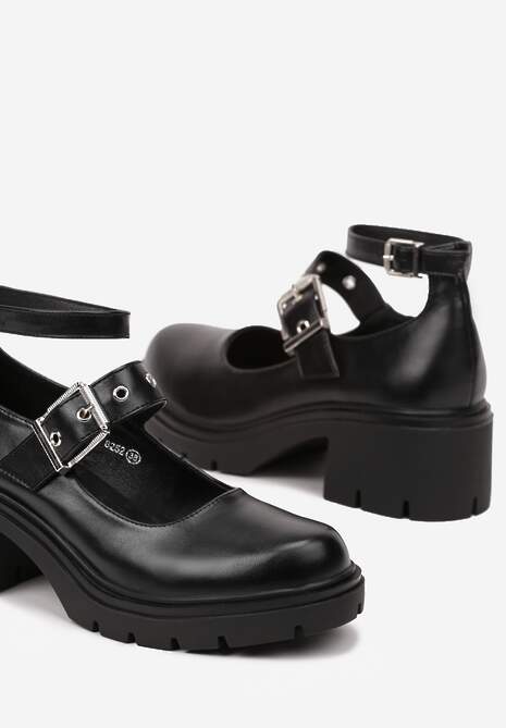 Czarne Półbuty na Słupku Ozdobione Sprzączkami i Paskami Emmita