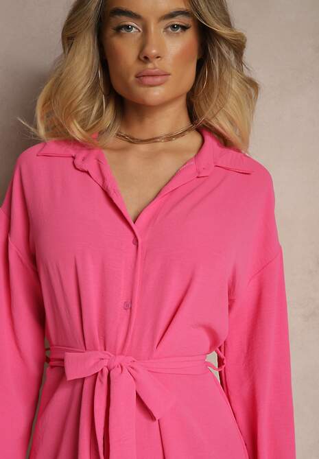 Różowa Koszulowa Sukienka Mini z Falbanką i Wiązanym Paskiem Blisotta