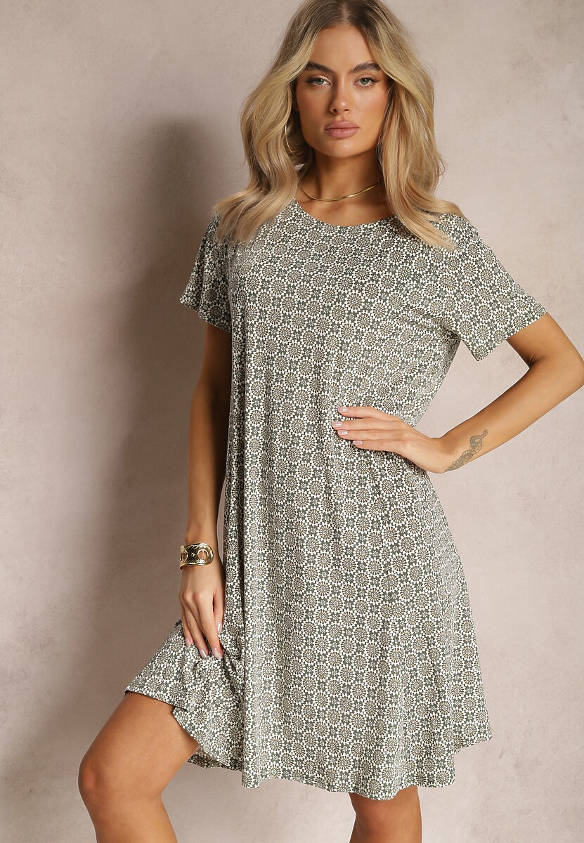 Zielono-Beżowa Rozkloszowana Sukienka w Ornamentalny Wzór z Wiskozy Oflia