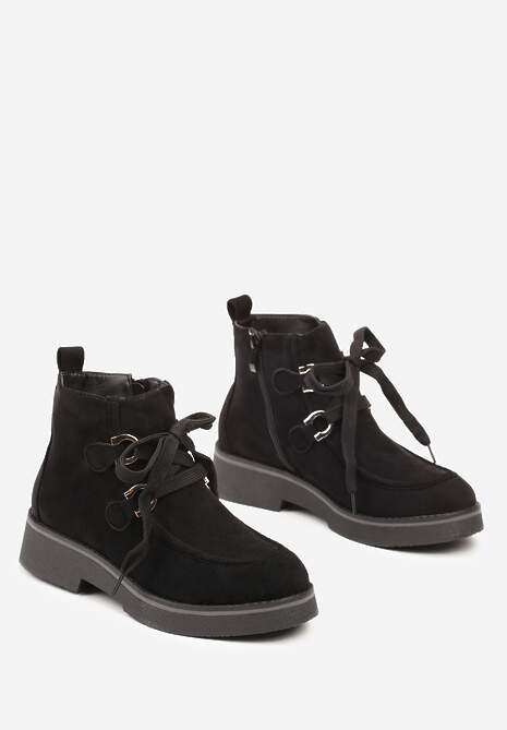 Czarne Ocieplane Płaskie Botki Ozdobione Sznurowaniem Resivara