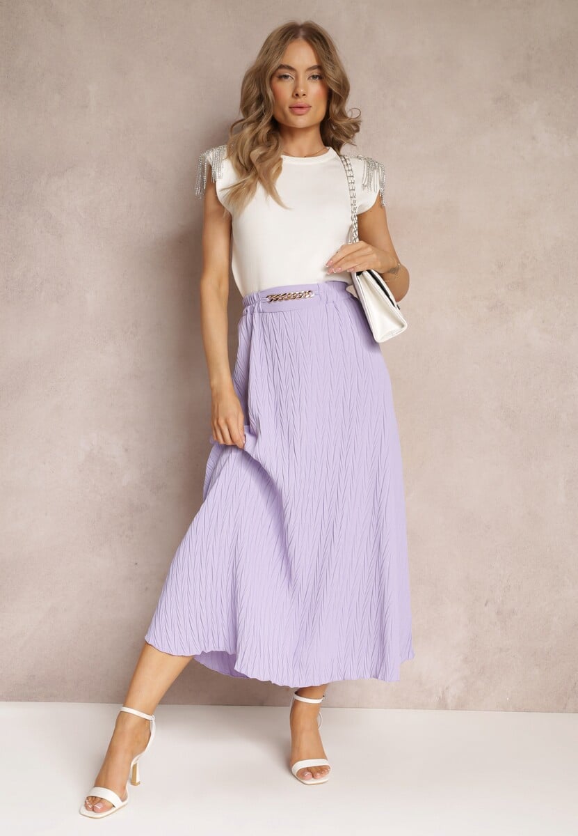 Fioletowa Rozkloszowana Spódnica Maxi z Gumką w Talii i Łańcuchem Lilurka