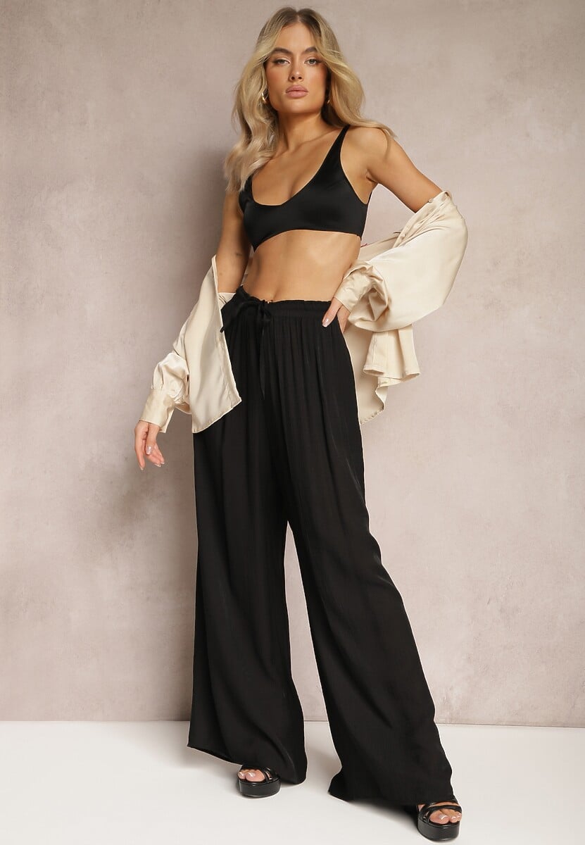 Ciemnozielone Wiskozowe Spodnie Szerokie z Gumką i Sznurkiem w Pasie Tarallia