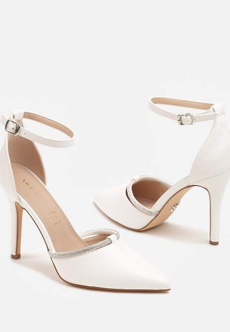 Białe Szpilki Vices z Wkładką ze Skóry Naturalnej i Ozdobnym Cyrkoniowym Paskiem Lizzeth