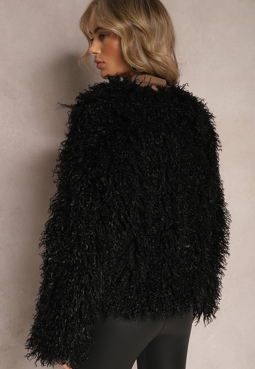 Czarna Futrzana Kurtka na Haftki Arivasa