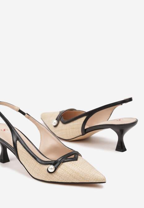 Beżowo-Czarne Sandały na Obcasie Kaczuszce z Odkrytą Piętą Ozdobione Perełką Tilesi