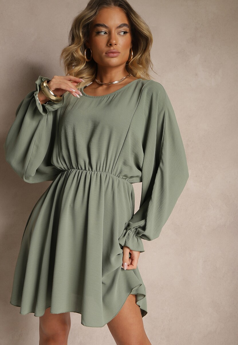 Bordowa Rozkloszowana Sukienka z Gumką w Talii i przy Mankietach Tesunela