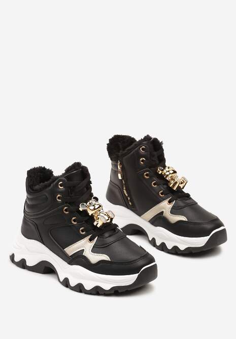 Czarne Sznurowane Sneakersy na Płaskiej Podeszwie za Kostkę z Aplikacjami Misiów Temisza