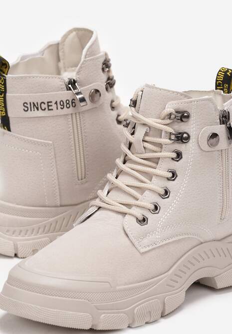 Beżowe Sznurowane Botki Traperki na Grubej Podeszwie Trewenna