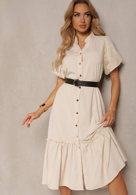 Beżowa Rozkloszowana Sukienka Zapinana na Guziki z Paskiem z Ekoskóry i Krótkim Rękawem Wontia