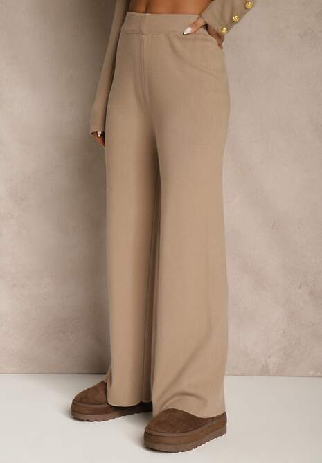 Beżowy Komplet z Dzianiny z Wiskozą Kardigan i Spodnie z Gumką Badrine