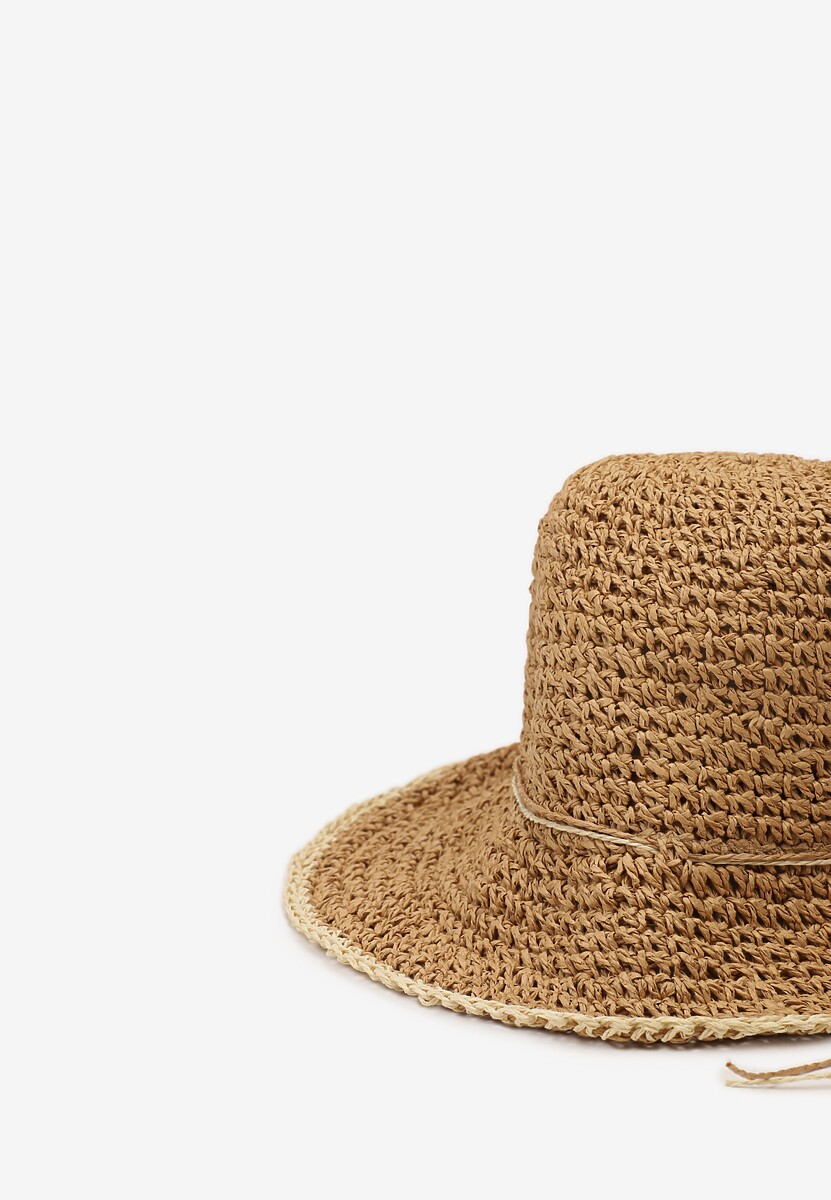Ciemnobeżowy Pleciony Kapelusz Plażowy Ozdobiony Rzemykiem Wilhelnella