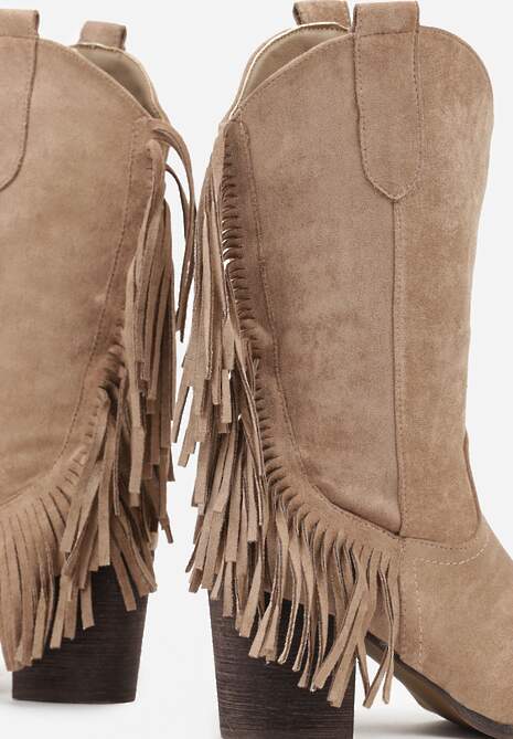 Beżowe Botki Kowbojki na Stożku z Frędzlami przy Cholewce Reinia