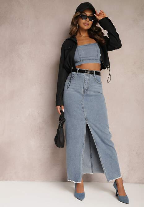 Niebieska Spódnica Jeansowa Maxi z Paskiem Mullese