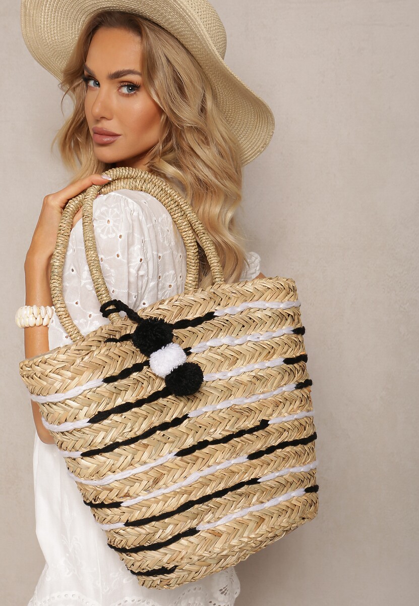 Beżowa Pleciona Torebka Boho Słomiana z Ozdobnymi Pomponami Elexeree