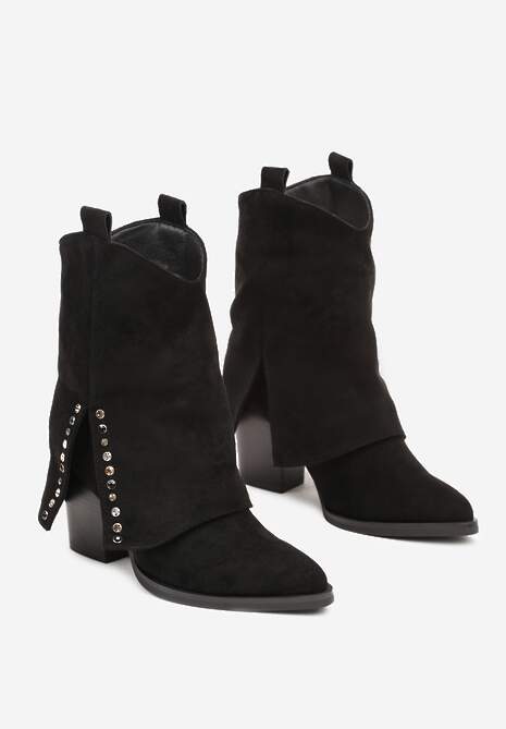 Czarne Botki na Stożkowym Obcasie z Wywiniętą Cholewką i Cyrkoniami Movene