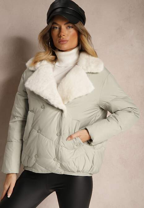 Jasnozielona Kurtka Ozdobiona Pikowaniem Kołnierzem z Futerkiem i Napami Deolina