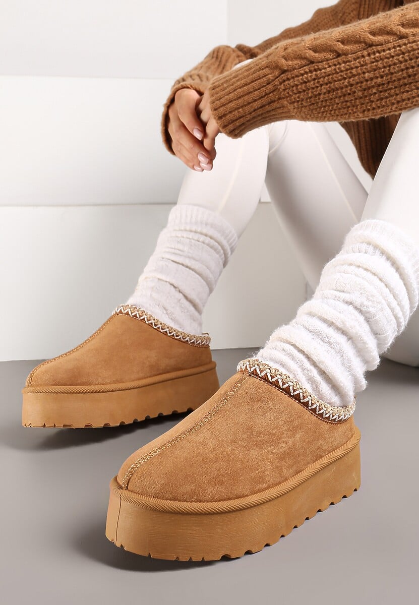 Brązowe Śniegowce na Platformie z Niską Cholewką i Haftowanym Wzorem Zivilae