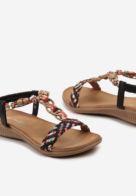 Czarne Sandały Ozdobione Koralikami na Plecionych Paskach Wiagena