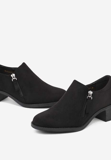 Czarne Półbuty na Słupku z Niską Cholewką Ozdobioną Suwakiem Ansolee