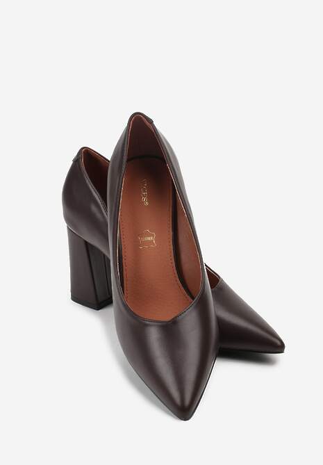 Ciemnobrązowe Czółenka Vices na Geometrycznym Słupku ze Skórzaną Wkładką Modvire