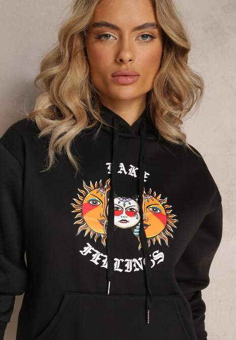 Czarna Bluza Kangurka z Nadrukiem i Kapturem Uvella