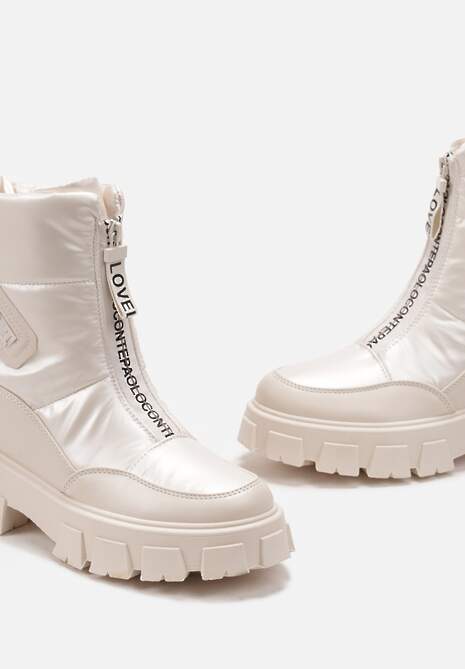 Beżowe Śniegowce z Ekoskóry z Ozdobnym Suwakiem i Napisem Veneria