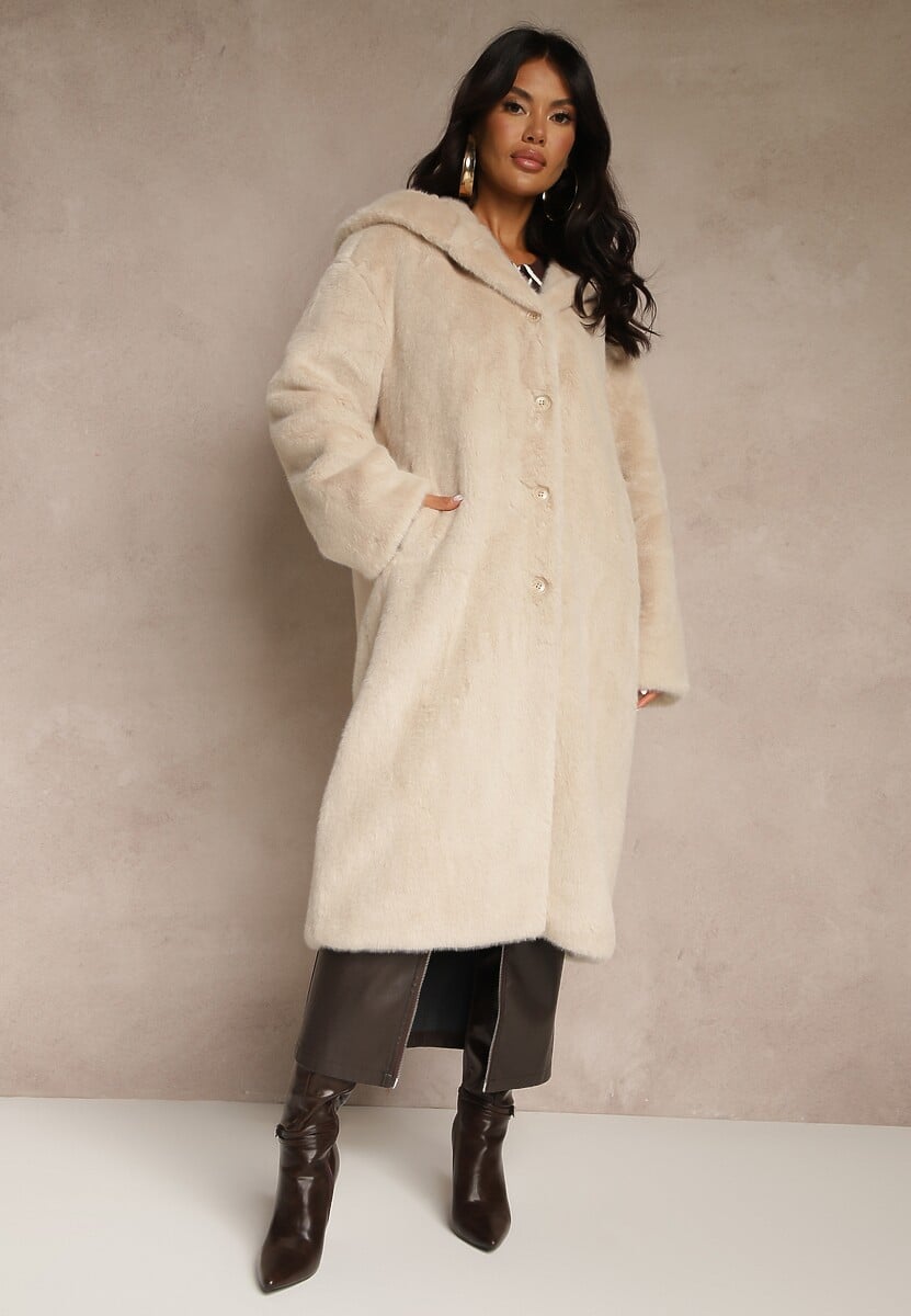 Czarny Płaszcz z Pluszowego Futerka z Kapturem Zereva