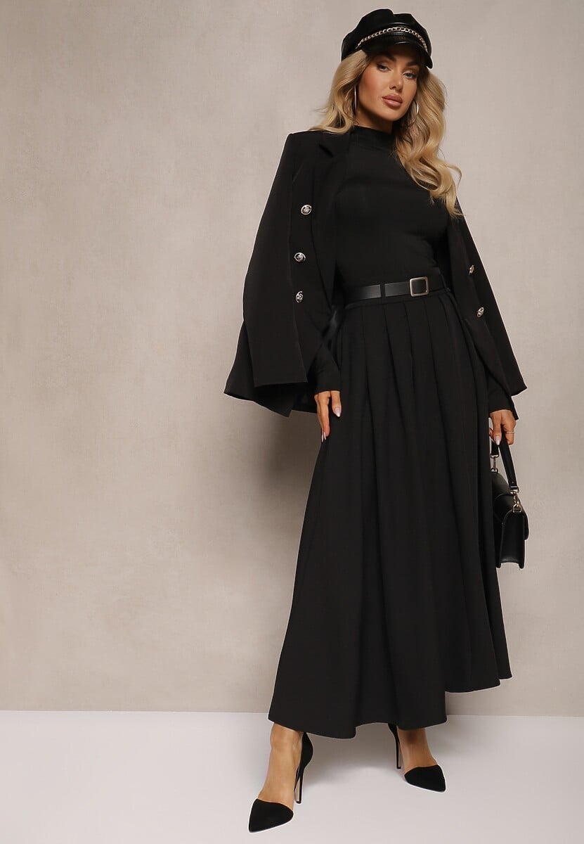 Jasnobeżowa Rozkloszowana Spódnica z Szerokimi Plisami i Paskiem z Ekoskóry Awhisa