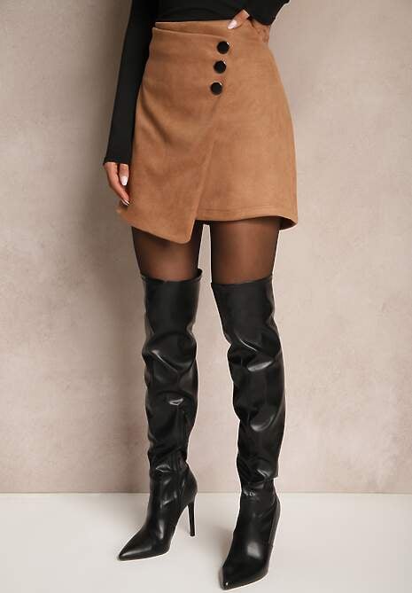 Beżowa Trapezowa Spódnica o Kopertowym Kroju z Guzikami Ilaraeth