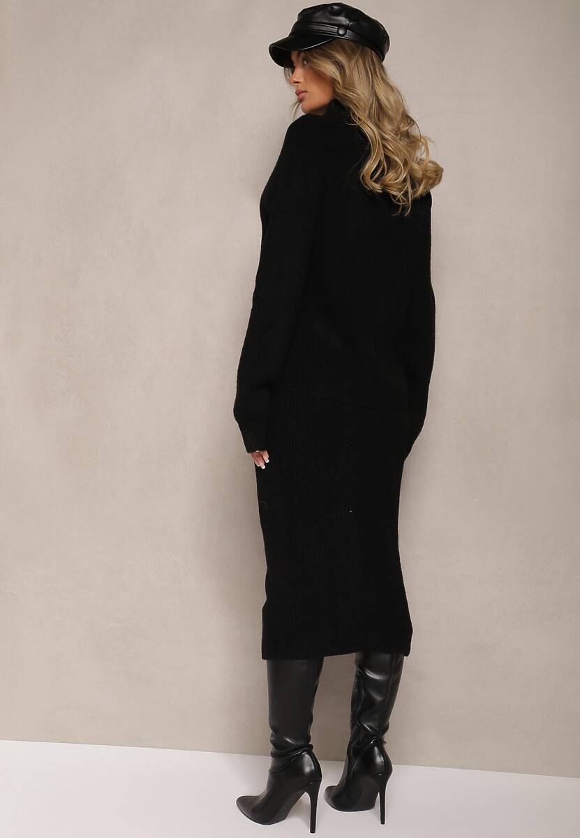 Czarny Komplet Spódnica z Gumką w Pasie i Rozpinany Kardigan Ciarina