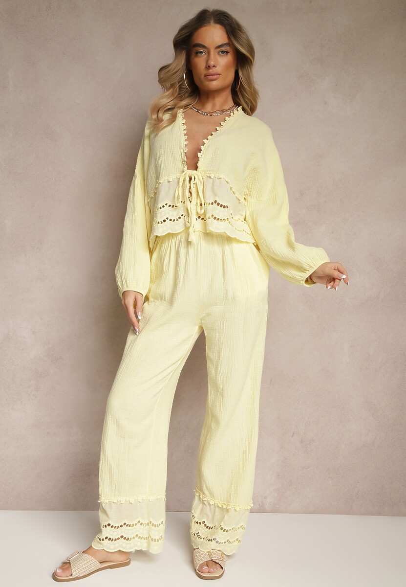 Żółty Komplet z Bawełny z Ażurowymi Wstawkami Bluzka z Wiązaniem i Spodnie Jaette