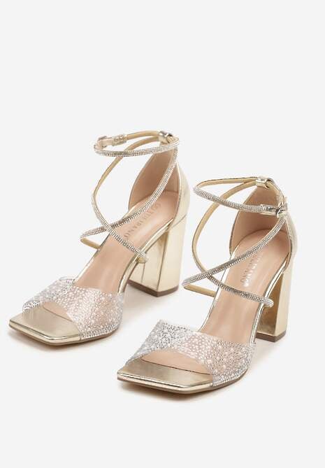 Złote Sandały na Słupku Ozdobione Cyrkoniami Fodea