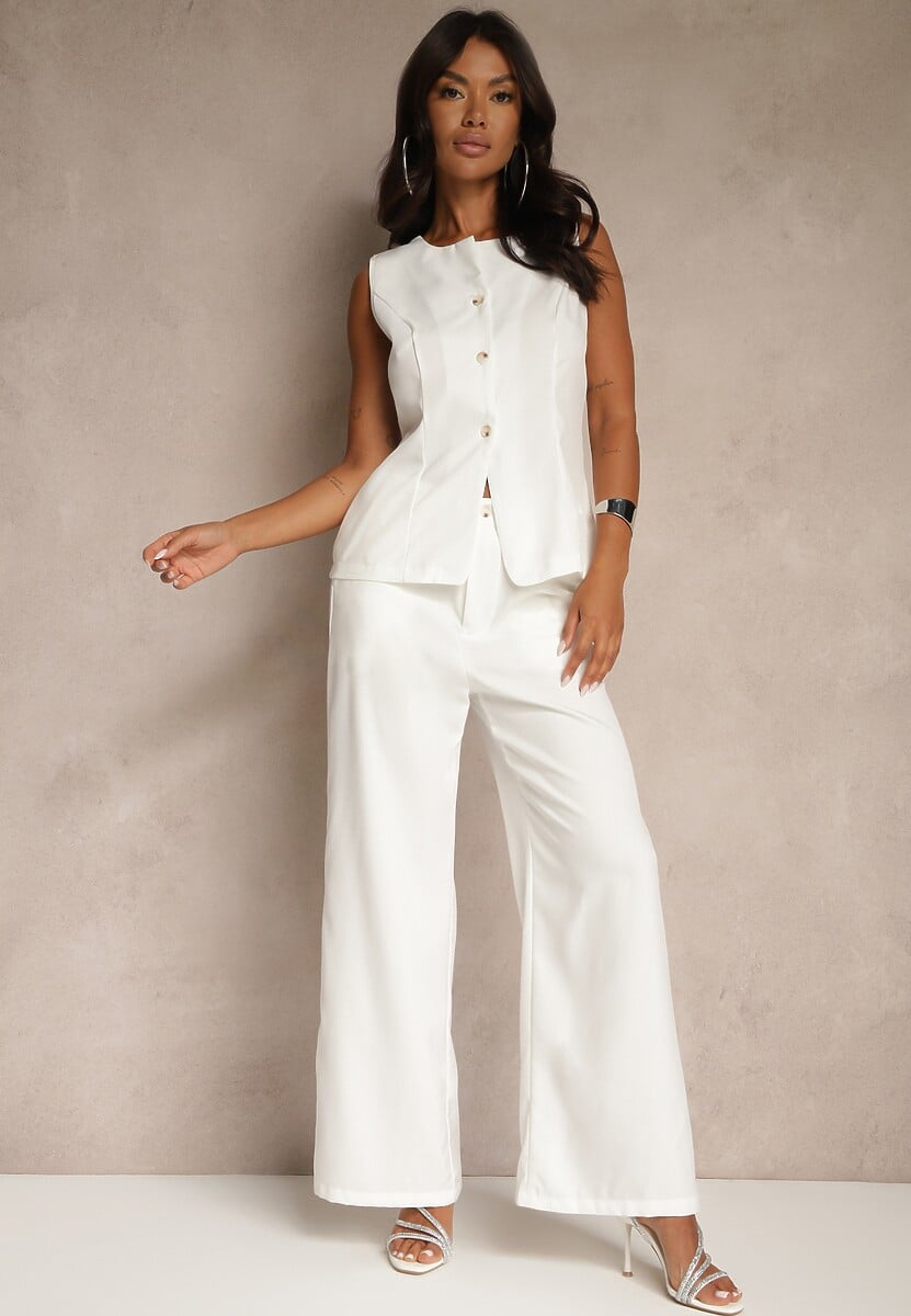 Biały Komplet o Garniturowym Kroju Spodnie Wide Leg i Taliowana Kamizelka Nalinise
