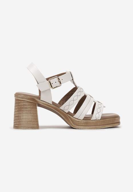 Białe Sandały na Obcasie z Ozdobnymi Paskami Zapinane na Sprzączkę Vathalia