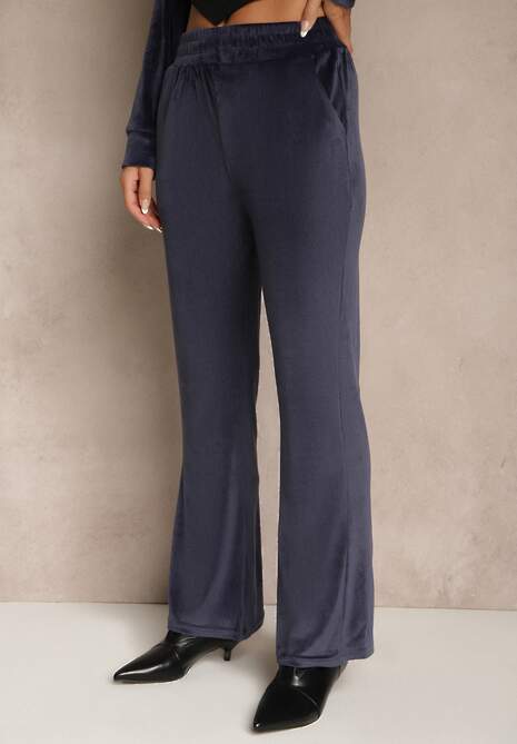 Granatowy Welurowy Komplet Dresowy Bluza i Spodnie ze Zdobieniem z Cyrkonii Velea