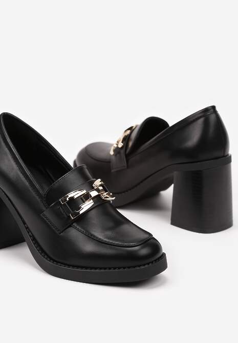 Czarne Półbuty na Słupku z Klamrą Stylizowane na Mokasyny Gerisa